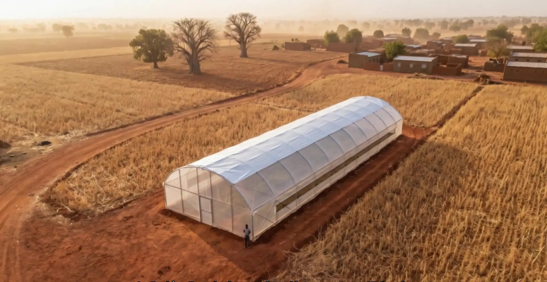 Serre tunnel VGH vue du ciel, dans la savane près de Ouagadougou
